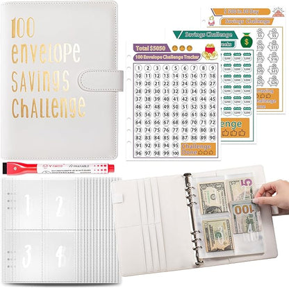 100 Envelopes Challenge Binder Savings Challenges Book, A5 Money Saving Planner Cash Envelope Budget Binder with Erasable Pen, Easy and Fun Way to Save $5,050, 10,000 and $500 (White)