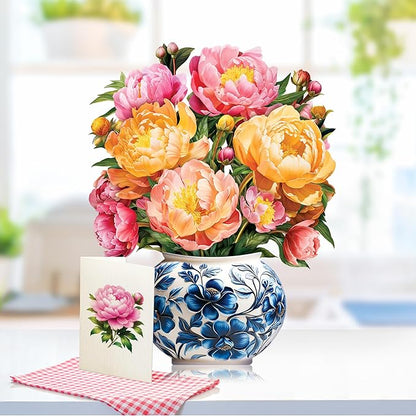 Paper Pop-Up Flower Card, Peony, Forever Flowers Bouquet 3D Popup Greeting Cards, Blank Note Envelope, Birthday Gift Cards, Mother's Day, Holiday Decorations