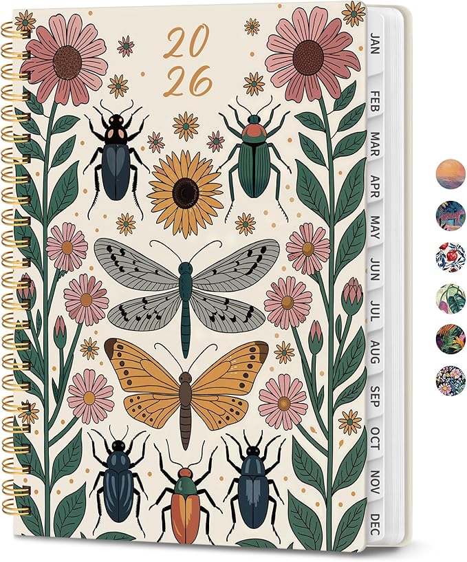2026 Planner, Aesthetic Weekly and Monthly Planner for Women, Jan 2026 to Dec 2026, Hardcover 2026 Calendar Book with Monthly Tabs, Inner Pocket, Perfect for Office Home School - A5 (6.3" x 8.5"), Butterfly Beetles