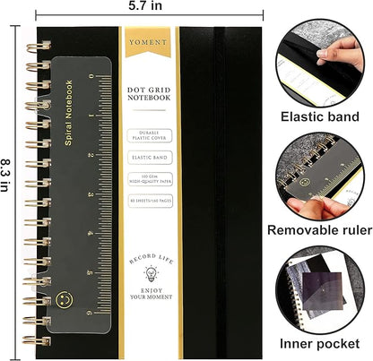 Dot Grid Spiral Notebook A5 Spiral Bullet Dotted Journal 160 Pages Thick Dot Paper Notebooks Plastic Hardcover Spiral Notebook 5x7 Wire Bound Notebooks for Note Taking School Office Supplies,Black