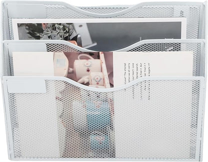 EASEPRES 3 Pocket Mesh Hanging Wall File Organizer, Wall Mounted Mail Paper Document Folder Holder, Clipboard Storage Organization Magazine Rack with Nametag Label for Office Home School, White