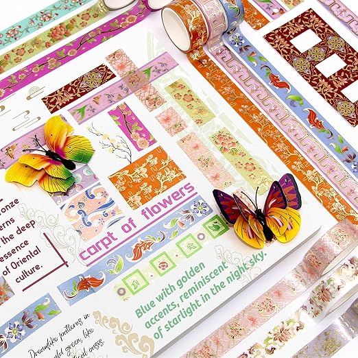 24 Rolls Washi Tape Set, Gold Foil Floral Decorative Tape for Scrapbooking, Bullet Journaling, Planner, DIY Crafts, Christmas - Floral Feast