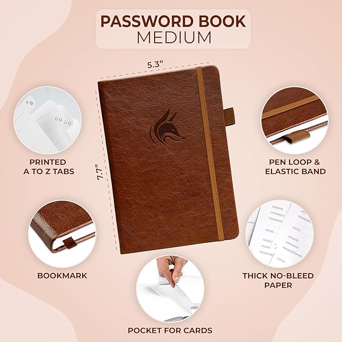 Clever Fox Password Book with Alphabetical tabs. Internet Address Organizer Logbook. Medium Password Keeper for Website Logins (Brown)