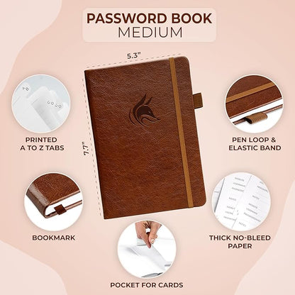 Clever Fox Password Book with Alphabetical tabs. Internet Address Organizer Logbook. Medium Password Keeper for Website Logins (Brown)