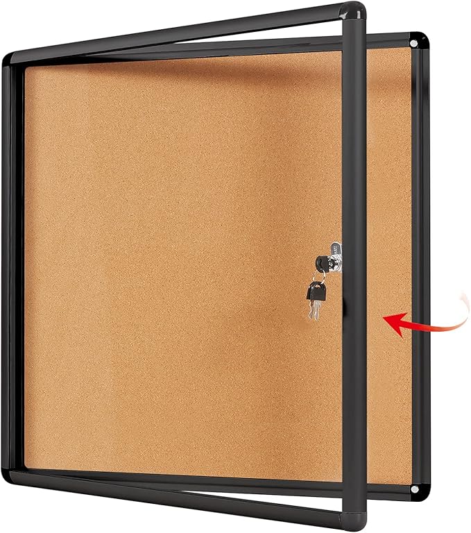 SWANCROWN Lockable Noticeboard Wall-Mounted Bulletin Cork Boards Tamper Proof Information Board Indoor,Black Frame,28x26 inch (6xA4)