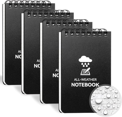 Waterproof Notebook, 4 Pack Top-Spiral Pocket Notepad, 3" x 5" Weatherproof NotePad, All Weather Police Pocket Notebook Little Memo Steno Note Pads for Outdoor Office School Recording, Black