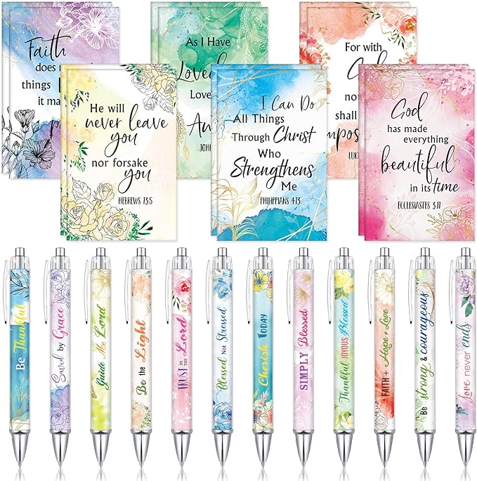 Colarr 24 Pcs Christian Bulk Gifts for Women Men Bible Verse Pens and Notebooks Religious Easter Gifts Scripture Ballpoint Pens Journals Sunday School Church Inspirational Study Supplies(Flower)