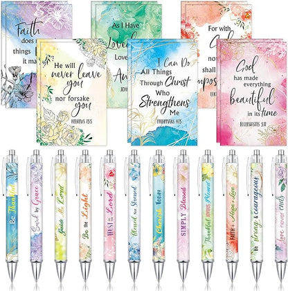Colarr 24 Pcs Christian Bulk Gifts for Women Men Bible Verse Pens and Notebooks Religious Easter Gifts Scripture Ballpoint Pens Journals Sunday School Church Inspirational Study Supplies(Flower)