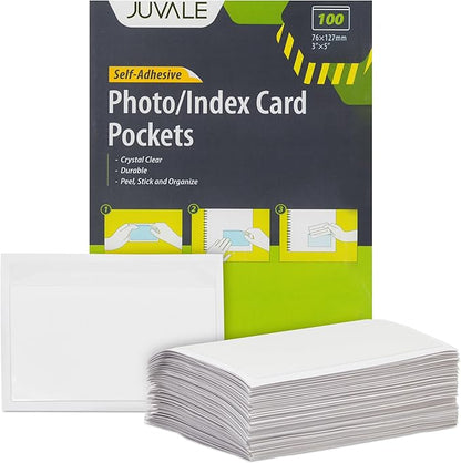 100 Pack Clear Self-Adhesive Pocket Label Holders for Index Cards 3x5, Bulk Top Load Plastic Sleeves for Storage