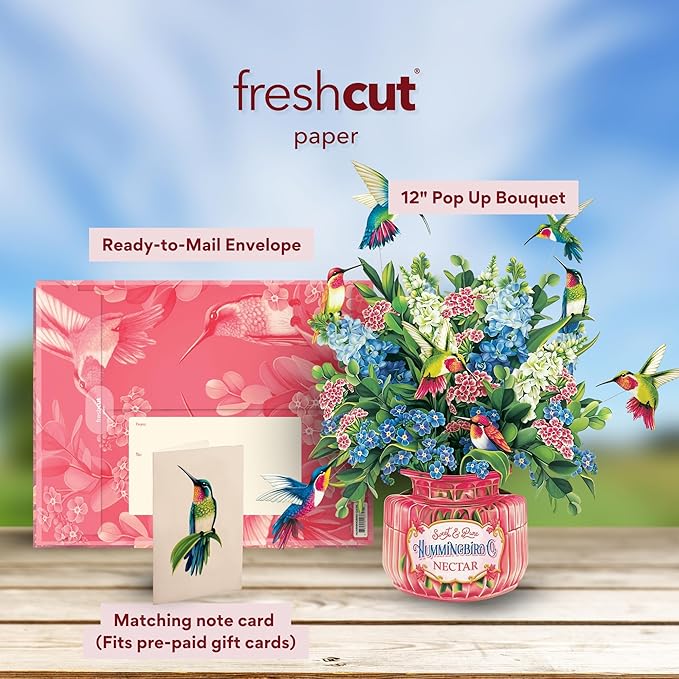 Freshcut Paper Pop Up Cards, Hummingbird Oasis, 12 Inch Life Sized Forever Flower Bouquet 3D Popup Greeting Card, Birthday Cards, Thank You Card, Blank Notecard & Envelope