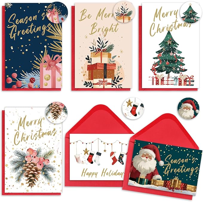 Christmas Cards Assortment, 24 Holiday Cards with Red Envelopes, Greeting and New Years Cards with 6 Designs for Christmas, Holiday, New Year Gift (4x6 Inch)