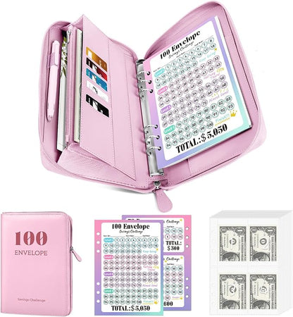 Sooez Savings Challenges Book with Extra Pocket Storage, Zipper Closure 100 Envelopes Money Saving Challenge, PU Saving Binder with Cash Envelope & Laminated Tracker for Cash Bill, 8.3”x 10.5”, Pink