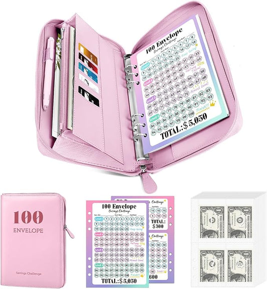 Sooez Savings Challenges Book with Extra Pocket Storage, Zipper Closure 100 Envelopes Money Saving Challenge, PU Saving Binder with Cash Envelope & Laminated Tracker for Cash Bill, 8.3”x 10.5”, Pink