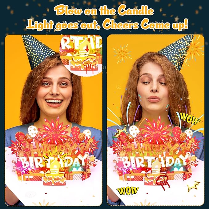 Birthday Card | Musical Pop Up Greeting Card w Light | Blow Out LED Light Candle & Play Happy Birthday Music Pop Up Card | Greeting Cards Gifts for Him or Her | Red Gold (Blowable Candle)