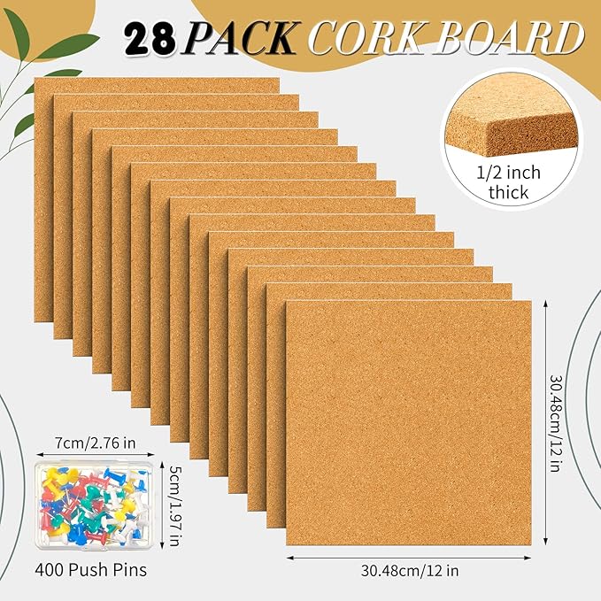 Cork Board Tiles 12 x 12 in 0.5 in Thick Square Bulletin Boards Cork Tiles Bulk with Push Pins Mini Natural Self Adhesive Backing Corkboards for Wall Home Office Floor DIY(28 Pcs)