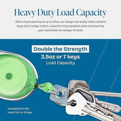 Will Well ID Badge Holders with Clip and Keyring - Horizontal Clear Plastic 3.7" x 2.5" Sleeves Fit Up to 3 Cards - Retractable 24" UHMWPE Fiber Pull Cords - 2-Pack, Transparent Green Reels