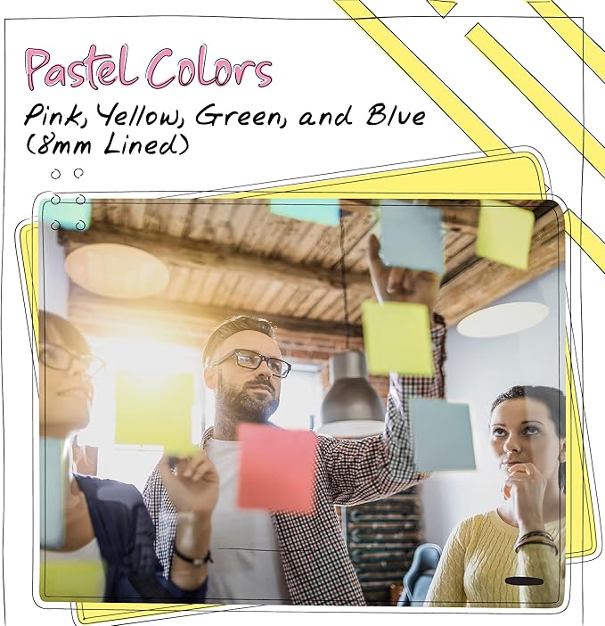 Lined Sticky Notes 3 x 3, 10 Pack, 1,000 Sheets (100/Pad), Self Stick Notes with Lines, Assorted Pastel Colors, by Better Office Products, Post Memos, Strong Adhesive, 10 Pads