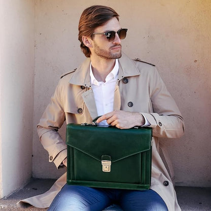 Time Resistance Leather Briefcase for Men - Business Laptop Bag - Italian Handmade Leather Bag - Attache - Gift Box Included