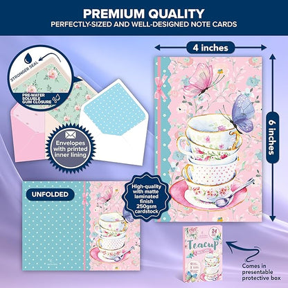 Decorably 24 Pack 4x6in Tea Cup Note Cards with Envelopes and Stickers, 12 Adorable Designs Teacup Note Cards, Blank Inside - Kid's Party, Birthday