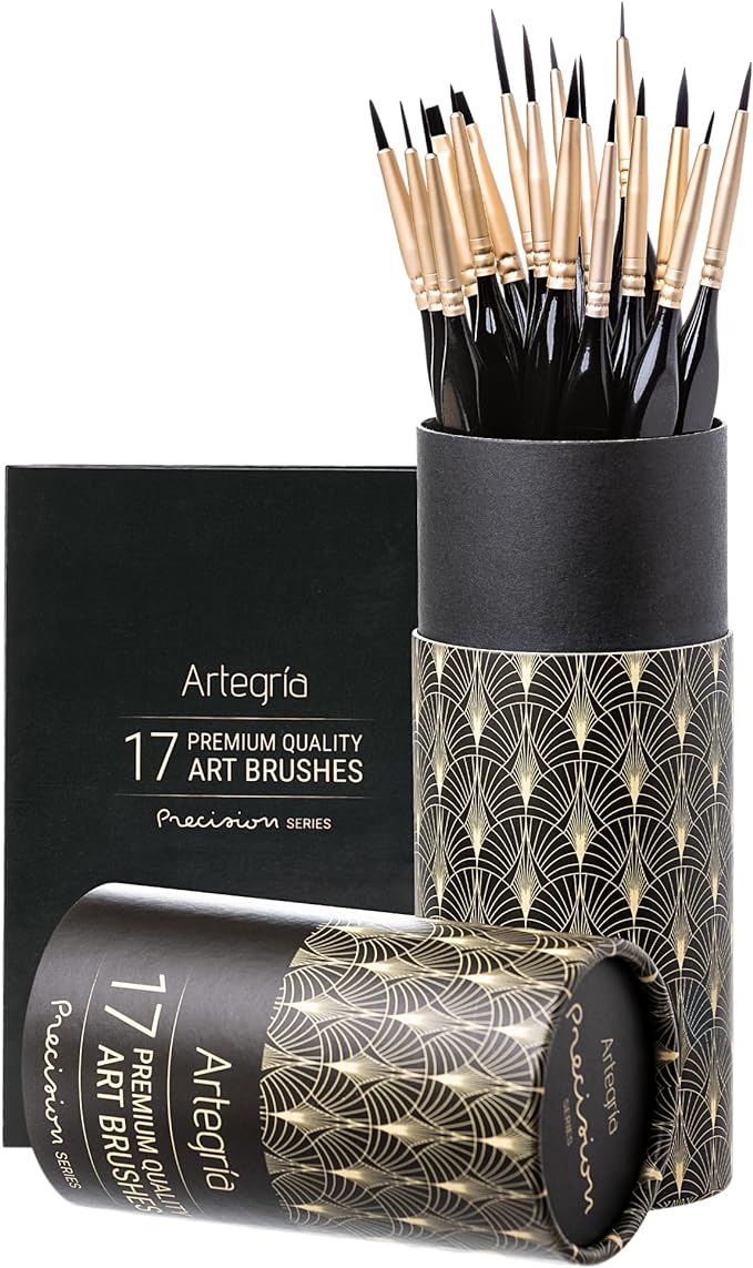 ARTEGRIA Detail Paint Brush Set, 17 Miniature Brushes with Fine Tips and Ergonomic Handles, for Small Scale Models, Figurines, Warhammer 40k, DND, Paint by Numbers for Adults