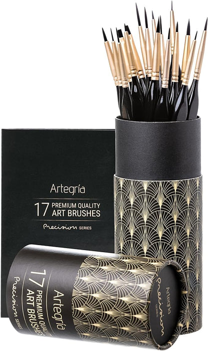 ARTEGRIA Detail Paint Brush Set, 17 Miniature Brushes with Fine Tips and Ergonomic Handles, for Small Scale Models, Figurines, Warhammer 40k, DND, Paint by Numbers for Adults