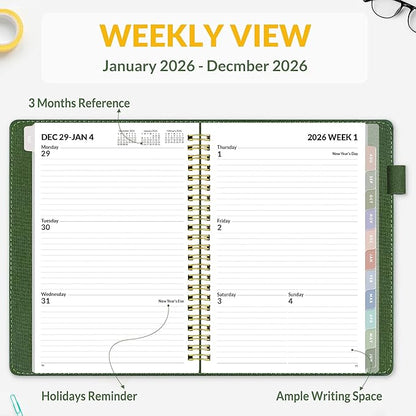 SUNEE 2026 Weekly & Monthly Planner 6.4"x8.5"- 12 Month (January 2026 - December 2026), Vegan Leather Cover, Pocket, Bookmark, Notes, Monthly Tab, Deep Green