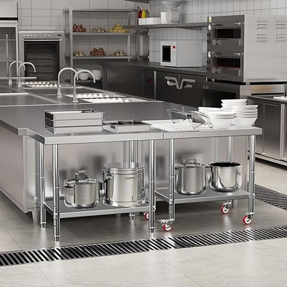Stainless Steel Table for Prep & Work with 4 Caster Wheels with Backsplash 24 x 36 NSF Metal Commercial Kitchen Adjustable Under Shelf Worktable for Restaurant Home Outdoor