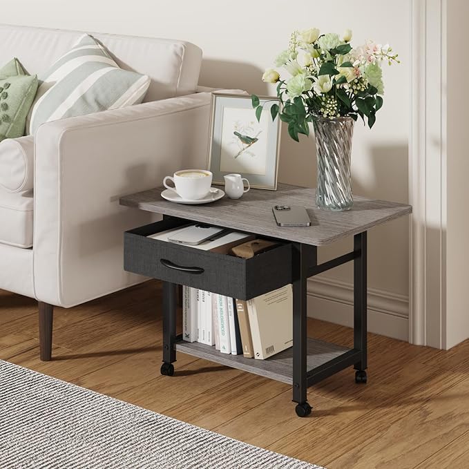 22"x15" Large Printer Stand with Storage Drawer, 2-Tier Under Desk Printer Table for Home Office, Printer Cart fit Fax Machine/3D Printer/Scanner(Gray)