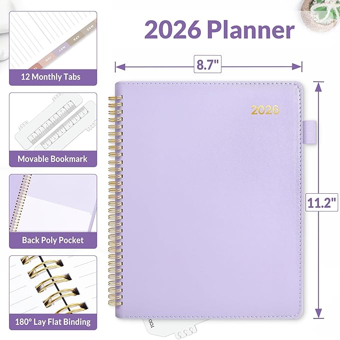 SUNEE 2026 Weekly & Monthly Planner 9"x11.2"- 12 Month (January 2026 - December 2026), Vegan Leather Cover, Pocket, Bookmark, Notes, Monthly Tab, Purple