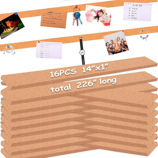 16 Pack Small Bulletin Strip Cork Strip Cork Board Tiles Bulletin Bar Strips for Walls, Adhesive Pin Board for Classroom Memo Office Home Kitchen School Desk, 14"x1"-10mm Thick