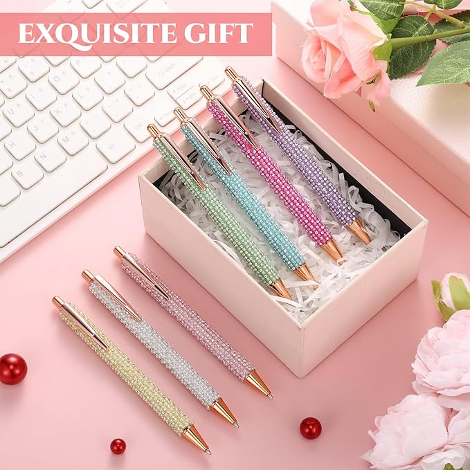 Sherr 7 Pcs Fancy Pens for Women Cute Sparkly Glitter Pens with 10 Pcs Black Ink Refills Pretty Gifts for Girls Office School Christmas Graduation(Mixed Color,Pearl)
