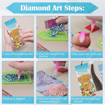 Anseal 3 Pcs Diamond Art Bookmarks for Book Lovers, Spring Summer PU Leather Aanimal Print Diamond Crafts Bookmarks for Women Girls, Tassel Beaded Book Mark for Graduation Birthday Reading Present