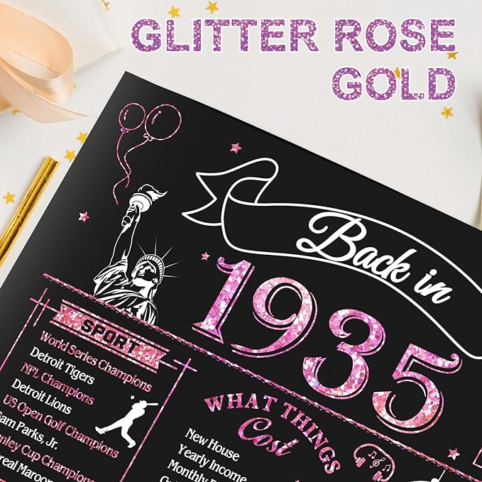 90th Birthday Card for Women, Jumbo 3D Pop Up 90th Birthday Gifts for Mom Grandma, Back In 1935 Happy 90 Year Old Sister Birthday Decorations Cards Card for Her, Rose Gold