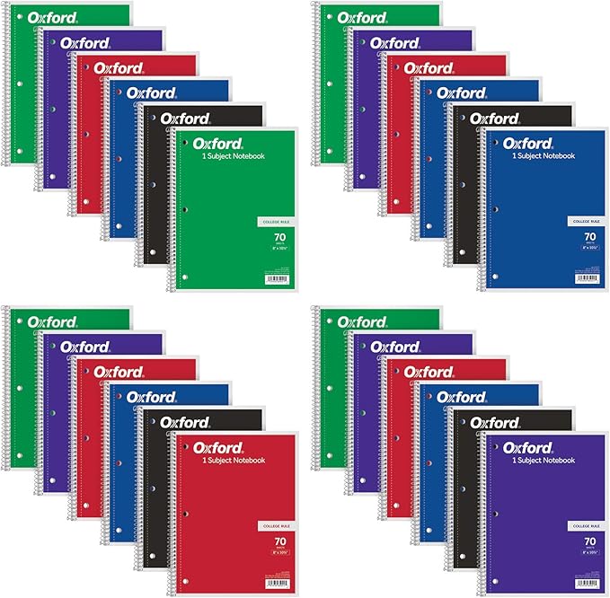 Oxford Spiral Notebooks, Bulk College Ruled Spiral Notebooks for School, 1-Subject, College Ruled Paper, 70 Lined Sheets, 24 per Pack, 3-Hole Punch, Colors May Vary (65021)
