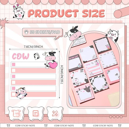 9 Pads Cute Sticky Notes Cartoon Animal Self Stick Notepads 3x3 Inches Notes Adhesive Memo Pad Office Decor Gifts for Students School Office Meeting(Cow)