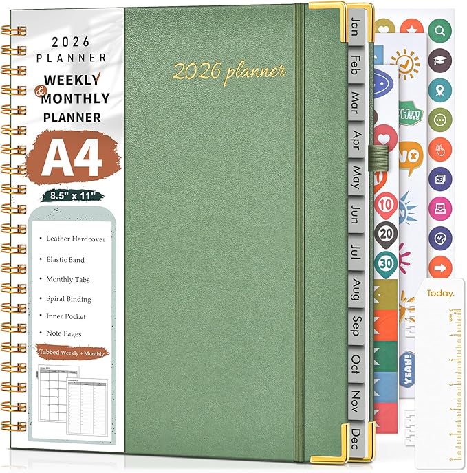 2026 Planner, Weekly and Monthly Calendar Planner from January 2026 - December 2026, 8.5" x 11" Hardcover Leather Hourly Appointment Book with Tabs, Spiral Daily Planners for College School Work Home, Green