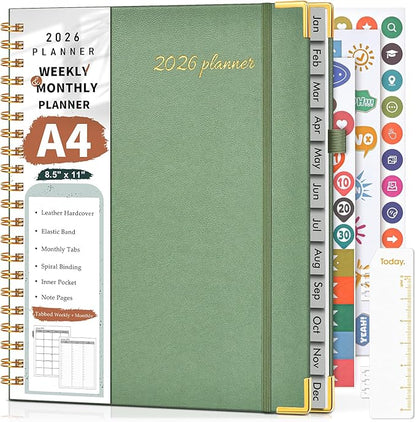 2026 Planner, Weekly and Monthly Calendar Planner from January 2026 - December 2026, 8.5" x 11" Hardcover Leather Hourly Appointment Book with Tabs, Spiral Daily Planners for College School Work Home, Green