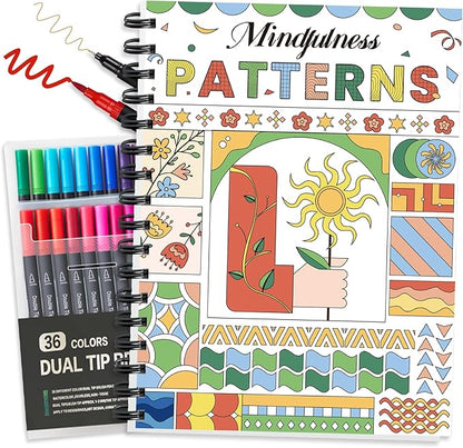 Adult Coloring Book, 40 Sheet Stress Relief Coloring Books for Adults Relaxation,Spiral Bound Single-Sided Pages,Arts and Crafts for Women Man，Unique 16-Gallery Multi-Pattern Design with 36 Markers