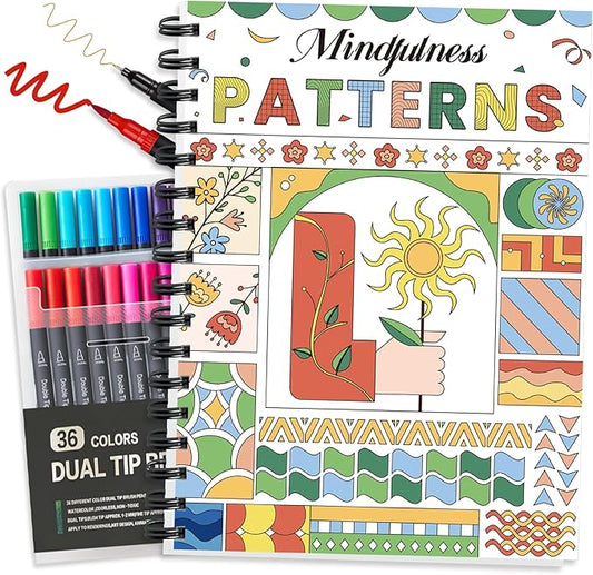 Adult Coloring Book, 40 Sheet Stress Relief Coloring Books for Adults Relaxation,Spiral Bound Single-Sided Pages,Arts and Crafts for Women Man，Unique 16-Gallery Multi-Pattern Design with 36 Markers