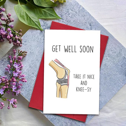 Funny Get Well Soon Knee Card for Friends, After Surgery Recovery Gifts for Women Men, Hilarious Get Better Card for Him Her, Take It Nice and Knee-sy Card