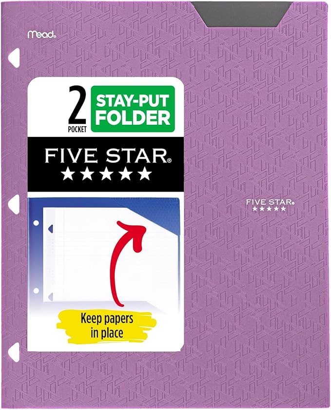 Five Star 2-Pocket Folder, Plastic Folder with Stay-Put Tabs, Fits 3 Ring Binder, Holds 8-1/2" x 11" Paper, Purple (333420I-ECM)