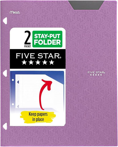 Five Star 2-Pocket Folder, Plastic Folder with Stay-Put Tabs, Fits 3 Ring Binder, Holds 8-1/2" x 11" Paper, Purple (333420I-ECM)