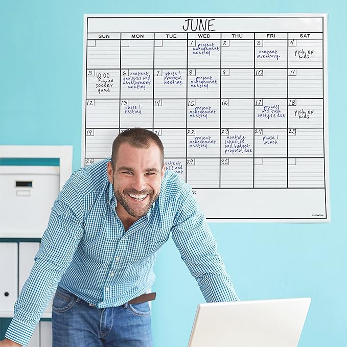 Jumbo Dry Erase Laminated Wall Calendar, Huge 36 Inch by 48 Inch Size, Monthly Planner for Home Office Classroom, Large Date Boxes, Reusable PET Film, Never Folded, 5 Markers, 8 Tacks, 1 Eraser white