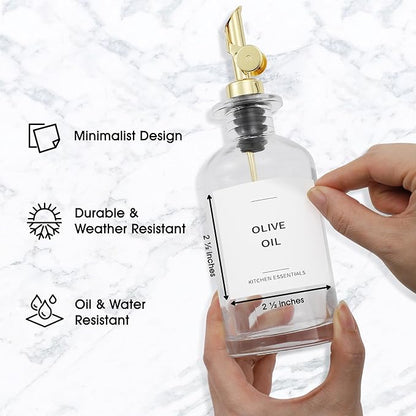 Olive Oil Labels for Glass Bottles - 2.5" x 2.5" Waterproof & Oil-Proof Kitchen PVC Sticker Labels for Oils, Vinegars, Sauces, Cooking Wines & Condiments - Minimalist White, 39pcs