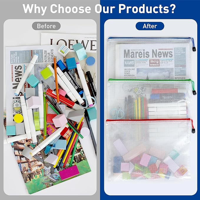 24pcs Mesh Bags With Zipper, A4 Zippered Pouch, Clear Pouches With Zipper, 8 Colors Mesh Zip Bags, Plastic Bags With Zipper, Letter Size Organization Pouches for Office, File, Toys, School