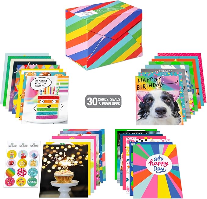 Recycled Paper Greetings 30-Count Funny Birthday Card Assortment with Envelopes, Seals, and Storage Box by Vicky Barone
