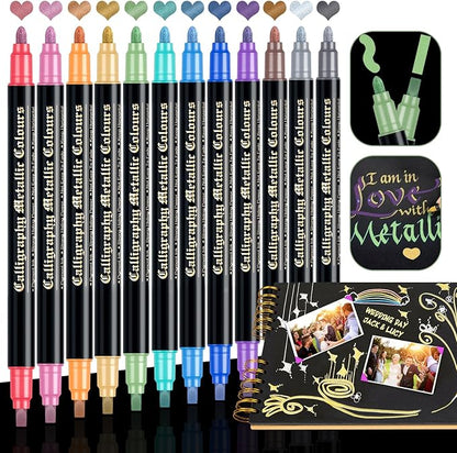 Metallic Markers for Scrapbooking: 12 Scrapbook Markers, Scrapbook Metallic Pens for Black Paper, Rock, DIY Card Decorative, Wedding, Graduation Scrapbook Supplies, Dual Tips Scrapbooking Pens