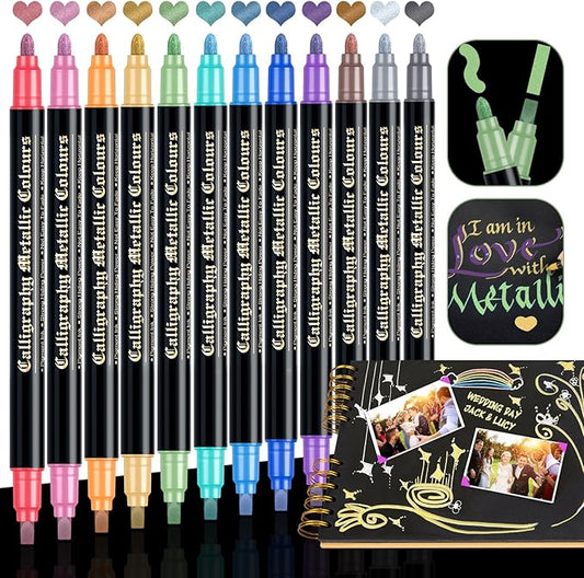 Metallic Markers for Scrapbooking: 12 Scrapbook Markers, Scrapbook Metallic Pens for Black Paper, Rock, DIY Card Decorative, Wedding, Graduation Scrapbook Supplies, Dual Tips Scrapbooking Pens
