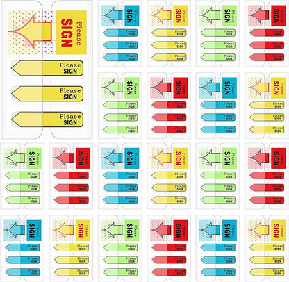 Teling 2000 Pcs/ 20 Packs Sign Here Sign Date Tabs Stickers Colored with Dispenser Arrow Flag Tabs with Dispenser Easy to Post for Notary Books Paper(Stylish Style)