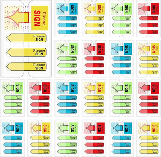 Teling 2000 Pcs/ 20 Packs Sign Here Sign Date Tabs Stickers Colored with Dispenser Arrow Flag Tabs with Dispenser Easy to Post for Notary Books Paper(Stylish Style)